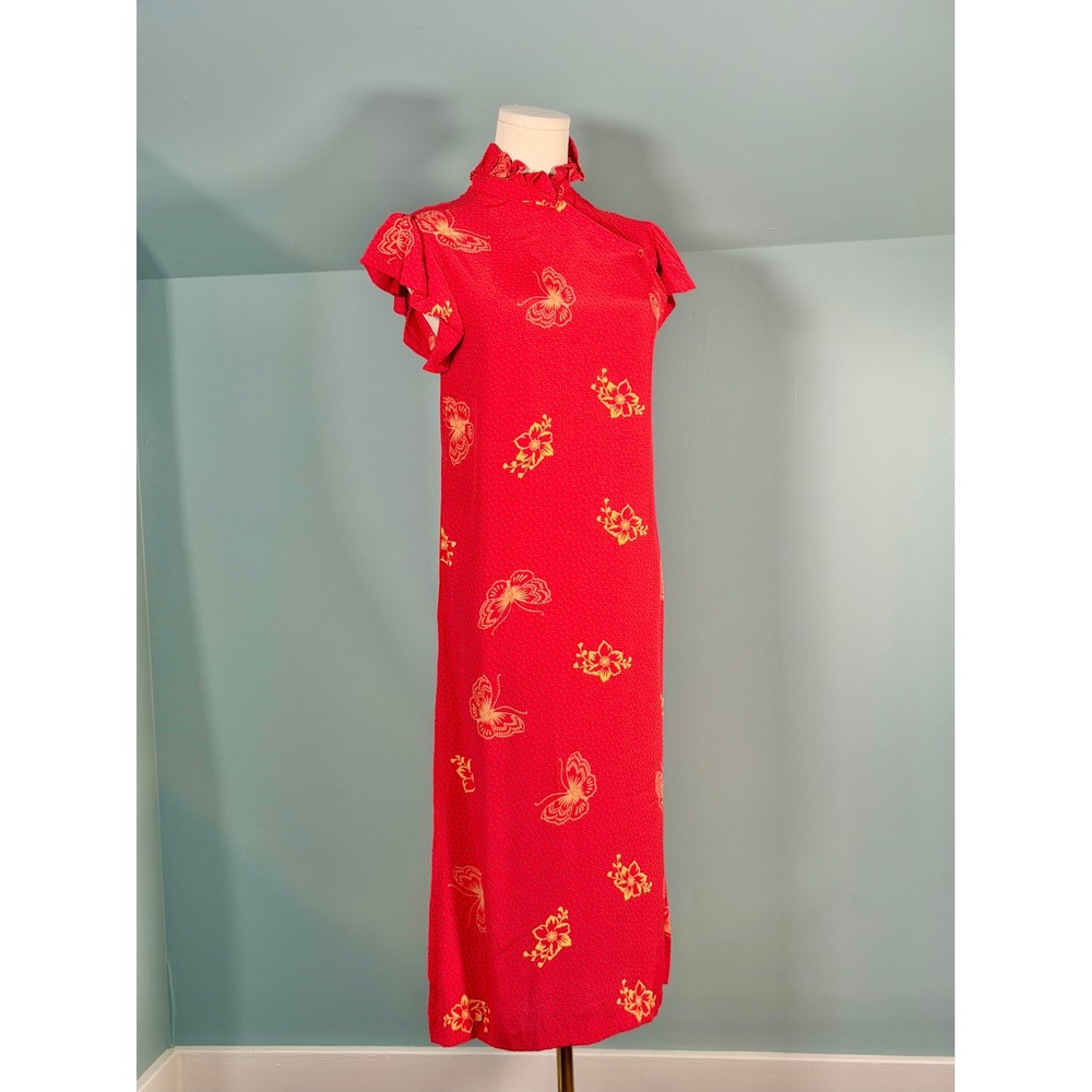 Vintage 1970s Red Dress Butterfly Polka Dot Cheongsam Qipao 70s Shift Large - Picture 6 of 9